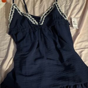 Navy Blue Babydoll Dress with Lace Trim